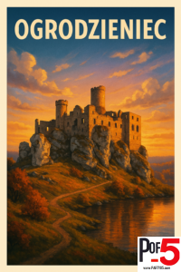 Ogrodzieniec Castle Vintage Travel Poster Polish Castle Sunset Wall Art Jura Krakowsko-Częstochowska Illustration