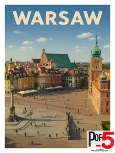 Vintage travel poster of Warsaw Old Town Market Square with colorful historic buildings and Royal Castle skyline, Poland wall art