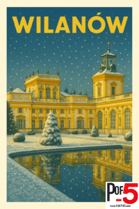 Vintage-style winter travel poster of Wilanów Palace in Warsaw, Poland, showing the baroque palace covered in snow with falling snowflakes and reflections in a frozen garden pool.