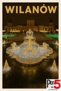 Vintage travel poster of Wilanów Palace in Warsaw at night featuring illuminated fountains and winter lights reflected in water
