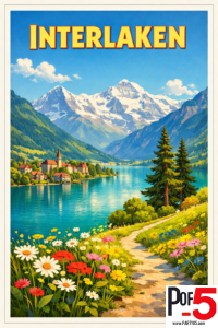 Vintage-style travel poster of Interlaken, Switzerland, featuring turquoise alpine lakes, snow-capped Swiss Alps, wildflower meadows, and a lakeside village in classic travel poster illustration.