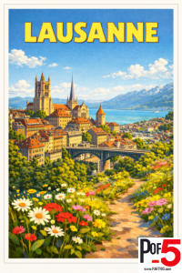 Vintage-style travel poster of Lausanne, Switzerland, featuring the old town with cathedral towers overlooking Lake Geneva, alpine mountains in the distance, and a colorful flower-lined path in the foreground.