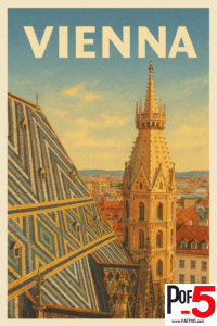 Vintage travel poster of Vienna Austria featuring St. Stephen’s Cathedral tower and colorful patterned rooftops at golden hour