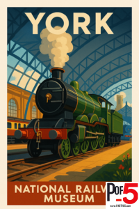 Vintage travel poster of steam locomotive inside York National Railway Museum