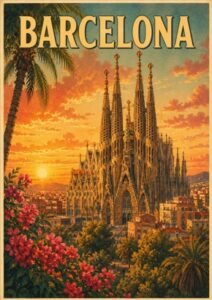 Vintage Barcelona Spain travel poster featuring the Sagrada Família at sunset with palm trees, bougainvillea, Mediterranean city views, and bold retro Barcelona typography.