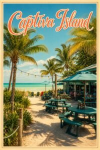 Vintage Captiva Island Florida travel poster featuring a tropical beachfront café with palm trees, outdoor tables, string lights, sandy pathways, and turquoise Gulf Coast scenery.
