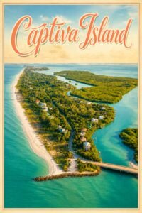 Vintage Captiva Island Florida travel poster featuring an aerial coastal view with turquoise Gulf waters, white sandy beaches, lush tropical greenery, and colorful retro typography.