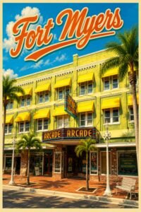 Vintage Fort Myers Florida travel poster featuring the historic Arcade Theatre in downtown Fort Myers with colorful architecture, palm trees, storefronts, and bright tropical skies.