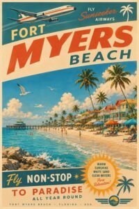 Vintage Fort Myers Beach Florida travel poster featuring a retro airplane above turquoise Gulf waters, sandy beaches, palm trees, colorful umbrellas, and classic “Fly Non-Stop to Paradise” tourism artwork.