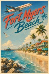 Vintage Fort Myers Beach Florida travel poster featuring a retro airplane flying above turquoise Gulf waters, sandy shoreline, palm trees, beach umbrellas, and a sunny tropical coast.