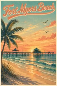 Vintage Fort Myers Beach Florida travel poster featuring a glowing Gulf Coast sunset, historic pier, palm tree silhouette, sandy shoreline, and calm ocean waves.