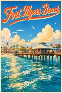 Vintage Fort Myers Beach Florida travel poster featuring the historic pier over bright turquoise Gulf waters, beachfront buildings, blue skies, and classic tropical coastal scenery.