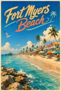 Vintage Fort Myers Beach Florida travel poster featuring turquoise Gulf waters, white sandy shoreline, palm trees, colorful beach umbrellas, and a sunny tropical coastline.