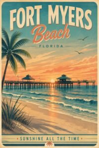 Vintage Fort Myers Beach Florida travel poster featuring a sunset over the Gulf, historic fishing pier, palm trees, sandy shoreline, and the slogan “Sunshine All the Time.”