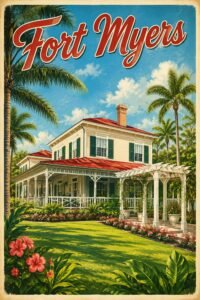 Vintage Fort Myers Florida travel poster featuring the Edison and Ford Winter Estates with historic white architecture, tropical palm trees, lush gardens, and colorful Florida landscaping.