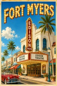 Vintage Fort Myers Florida travel poster featuring the historic Edison Theatre with its vertical neon sign, classic marquee, palm trees, sunny blue skies, and a vintage car.