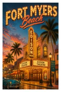 Vintage Fort Myers Beach Florida travel poster featuring the historic Edison Theatre at sunset with glowing marquee lights, palm trees, classic cars, and tropical Old Florida atmosphere.