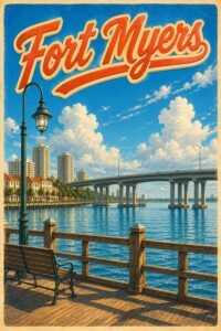 Vintage Fort Myers Florida travel poster featuring the Caloosahatchee River waterfront, downtown skyline, bridge, palm trees, benches, and bright blue tropical water.