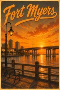 Vintage Fort Myers Florida travel poster featuring a glowing sunset over the Caloosahatchee River, downtown skyline, waterfront pier, palm trees, and orange tropical skies.