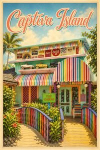 Vintage Captiva Island Florida travel poster featuring the colorful Bubble Room restaurant with rainbow-striped awnings, tropical landscaping, bright retro architecture, and whimsical island charm.