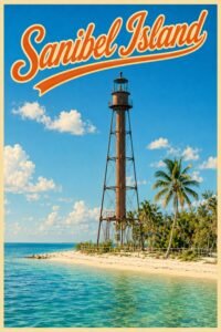Vintage Sanibel Island Florida travel poster featuring the historic Sanibel Lighthouse beside turquoise Gulf waters, a sandy beach, palm trees, and bright tropical blue skies.