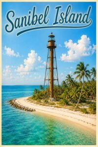 Vintage Sanibel Island Florida travel poster featuring the historic Sanibel Lighthouse on a curved white-sand beach surrounded by turquoise Gulf waters, palm trees, and bright blue skies.