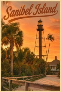 Vintage Sanibel Island Florida travel poster featuring the historic Sanibel Lighthouse at sunset with palm trees, a wooden boardwalk, tropical vegetation, and warm orange skies.