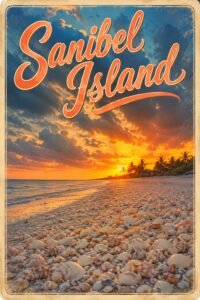 Vintage Sanibel Island Florida travel poster featuring a dramatic Gulf Coast sunset over a shell-covered beach with warm orange skies and softly breaking waves.