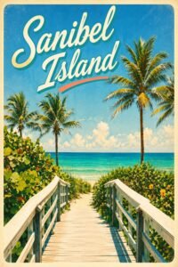 Vintage Sanibel Island Florida travel poster featuring a wooden beach boardwalk leading through tropical palms and lush greenery toward turquoise Gulf waters and a bright blue sky.